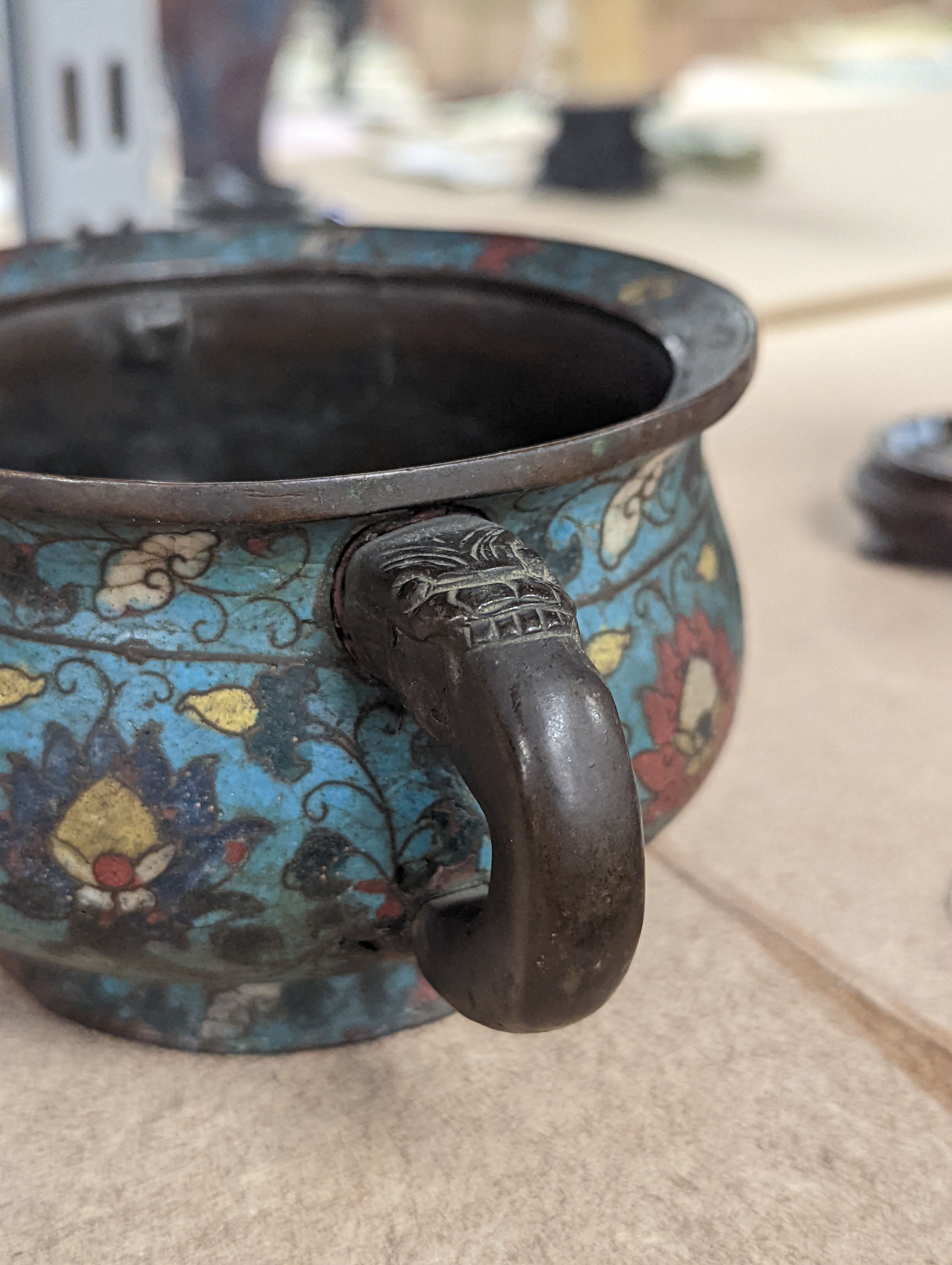 A Chinese late Ming dynasty bronze and cloisonné enamel ding censer 18cm